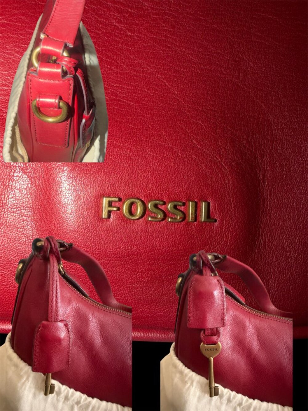 Fossil Memoir Hobo ZB5475 Regal Red All Leather Slouchy Shoulder Bag Key Charm - Picture 11 of 11